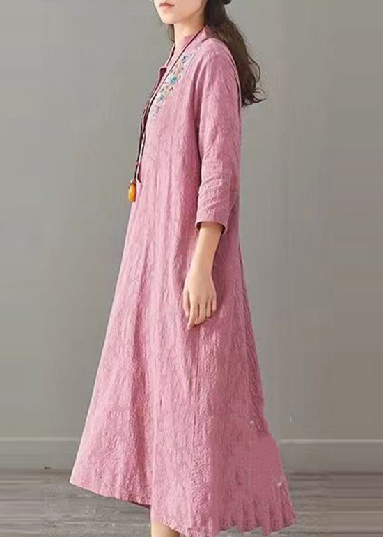 Simple Pink Embroideried Pockets Patchwork Cotton Dress Fall