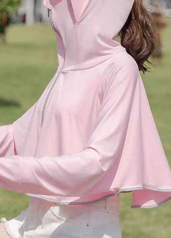 Simple Pink Hooded Zippered Patchwork Ice Silk UPF 50+ Coats Summer