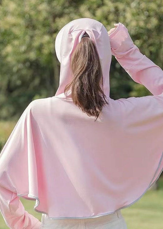 Simple Pink Hooded Zippered Patchwork Ice Silk UPF 50+ Coats Summer