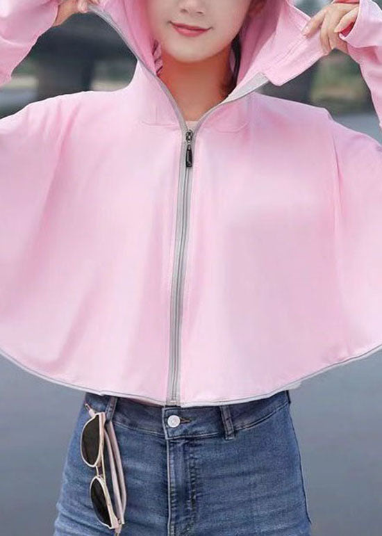 Simple Pink Hooded Zippered Patchwork Ice Silk UPF 50+ Coats Summer