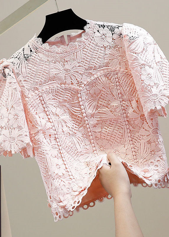 Simple Pink O Neck Floral Patchwork Hollow Out Lace Blouse Top Summer