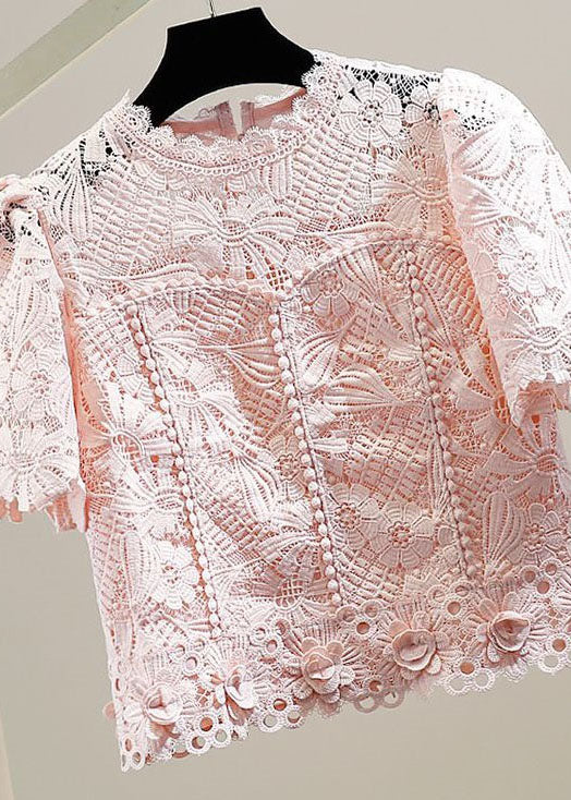 Simple Pink O Neck Floral Patchwork Hollow Out Lace Blouse Top Summer