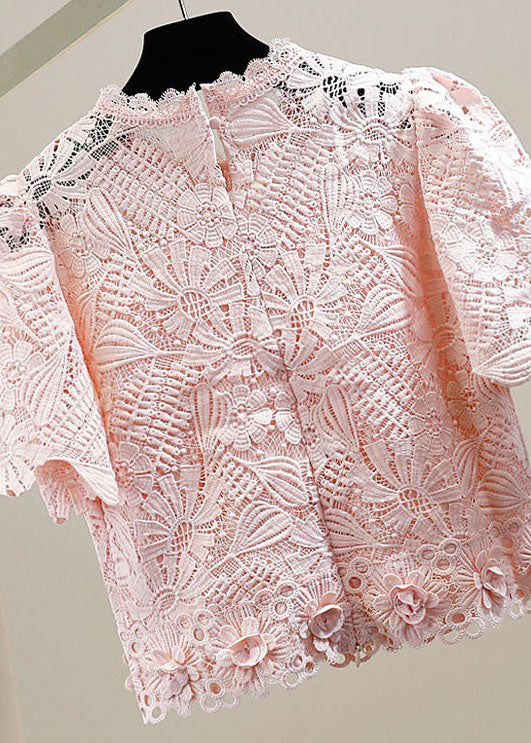 Simple Pink O Neck Floral Patchwork Hollow Out Lace Blouse Top Summer