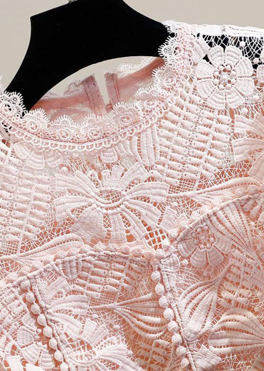 Simple Pink O Neck Floral Patchwork Hollow Out Lace Blouse Top Summer