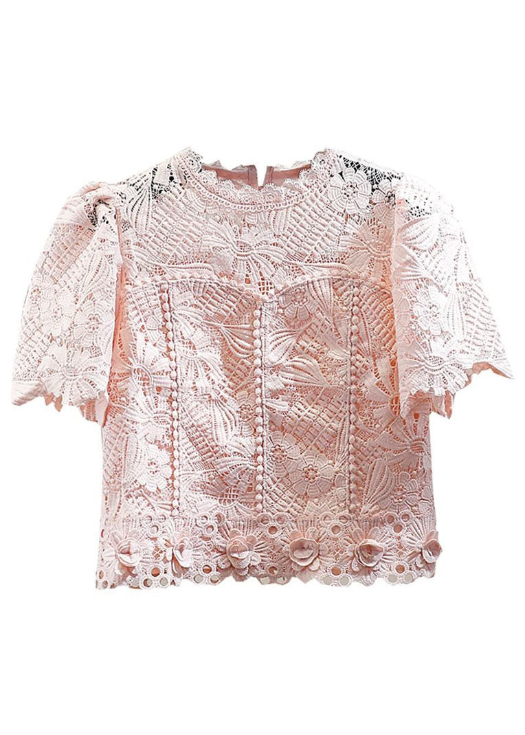 Simple Pink O Neck Floral Patchwork Hollow Out Lace Blouse Top Summer