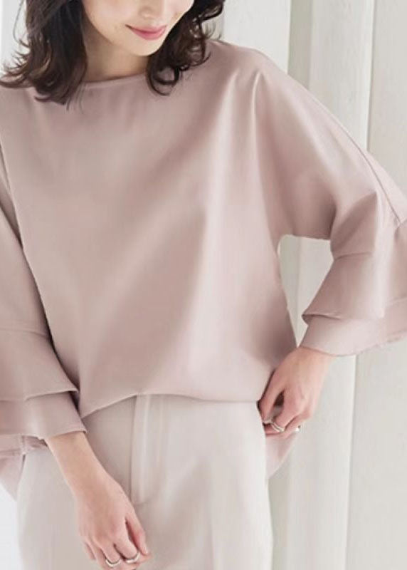 Simple Pink O Neck Patchwork Chiffon Top Flare Sleeve