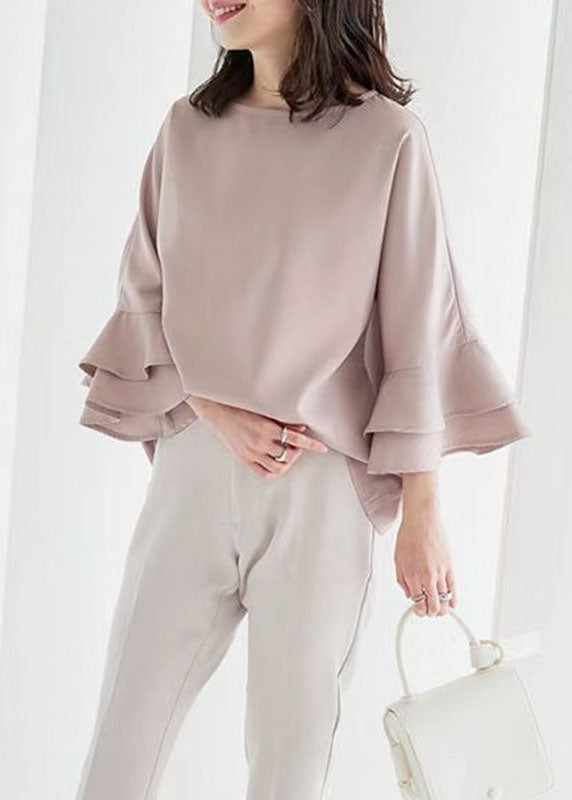 Simple Pink O Neck Patchwork Chiffon Top Flare Sleeve