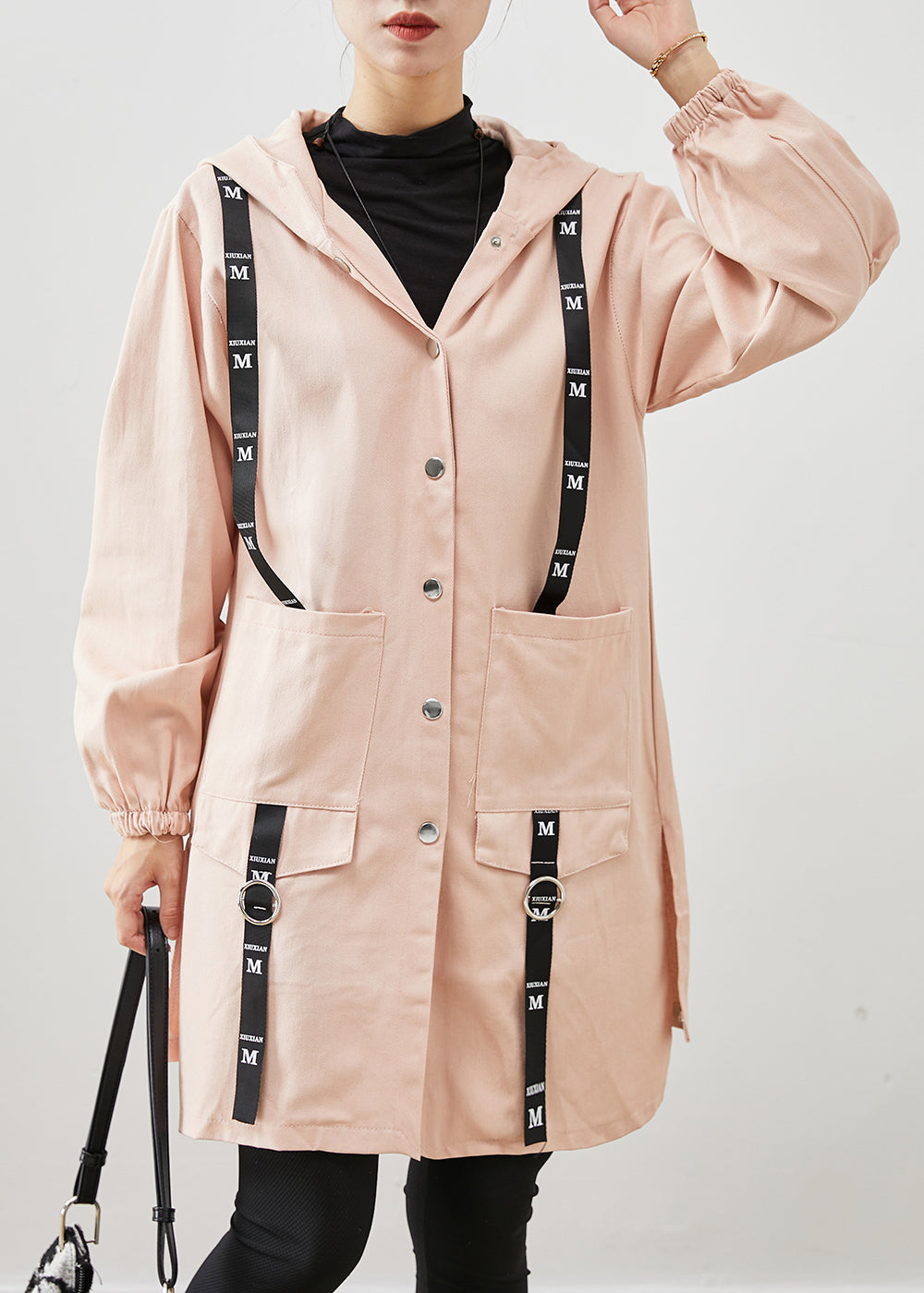 Simple Pink Oversized Patchwork Cotton Hooded Coat Fall