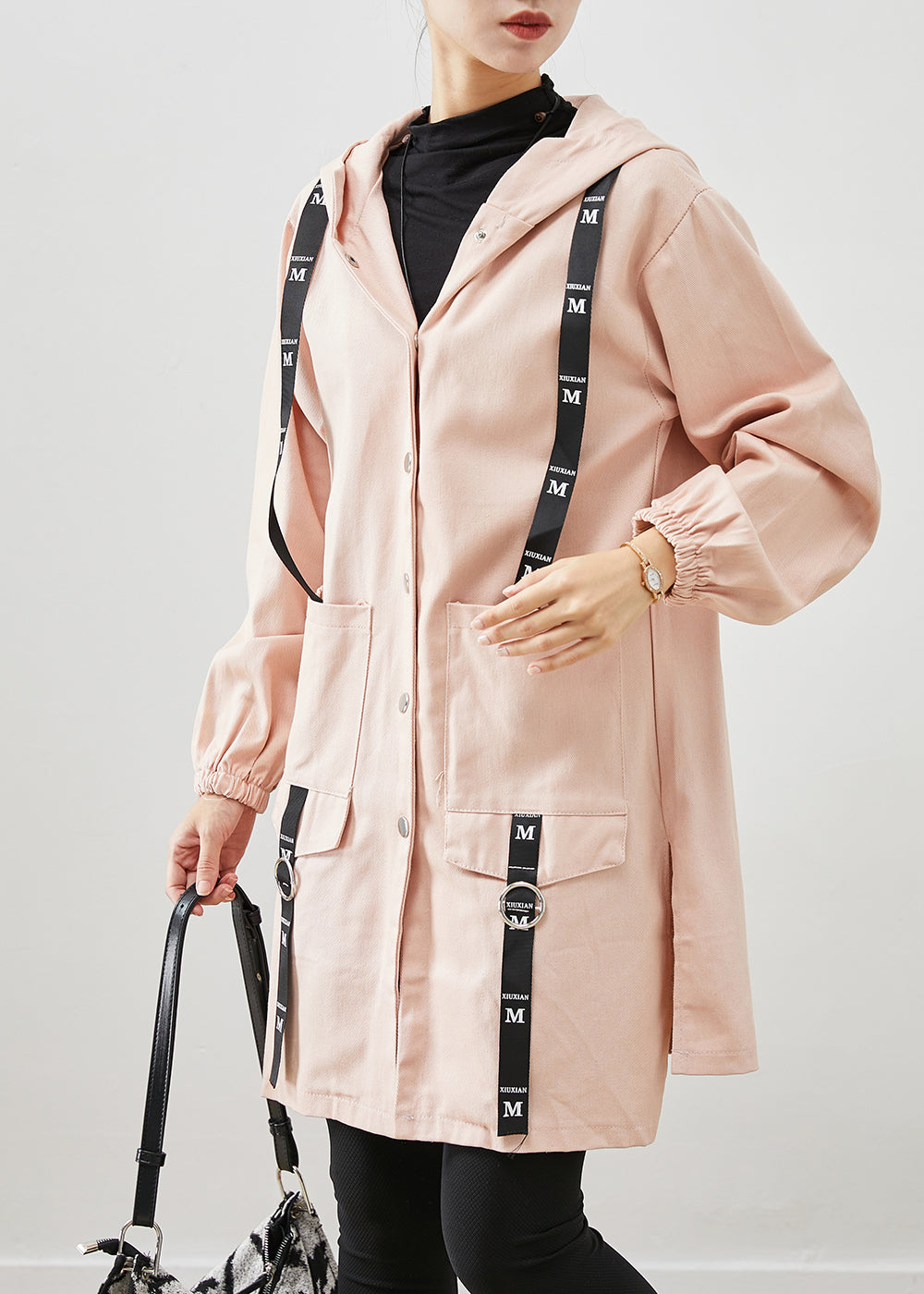 Simple Pink Oversized Patchwork Cotton Hooded Coat Fall