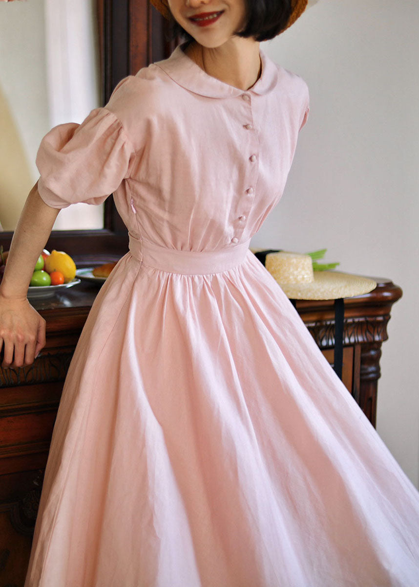 Simple Pink Peter Pan Collar Exra Large Hem Cinched Cotton Dresses Lantern Sleeve