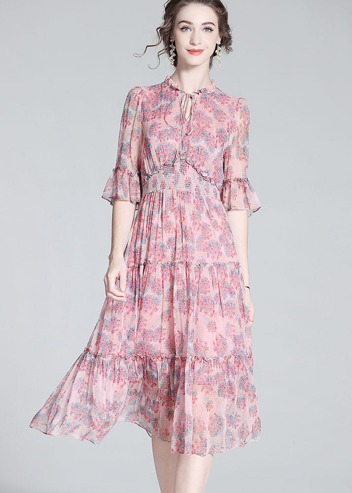 Simple Pink Ruffled Print Patchwork Silk Mid Dress Summer