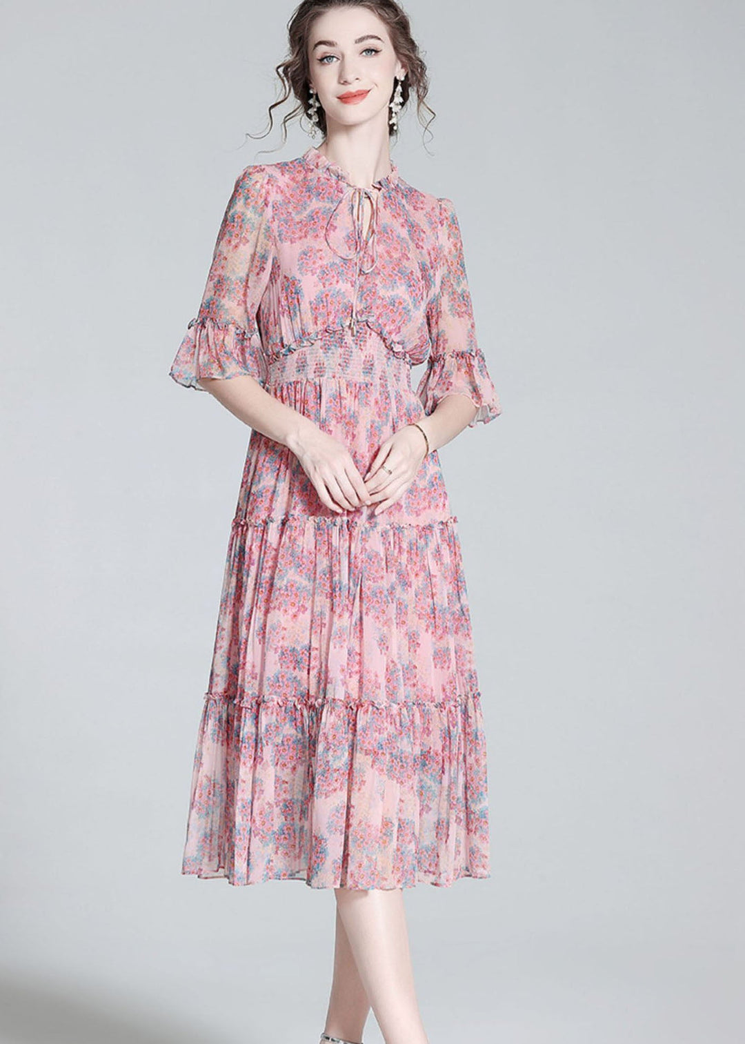 Simple Pink Ruffled Print Patchwork Silk Mid Dress Summer