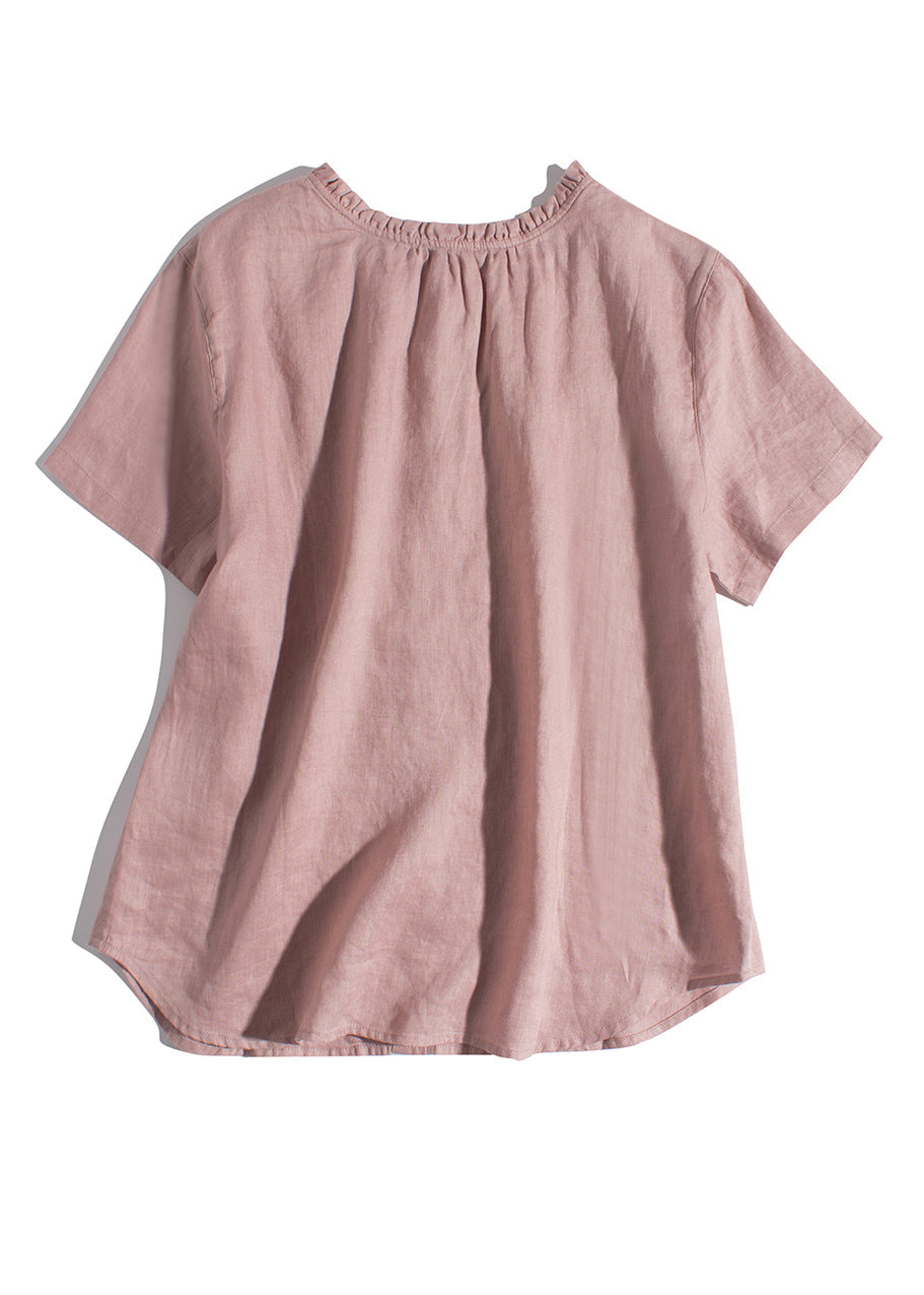 Simple Pink Ruffled Wear On Both Sides Linen Blouses Summer