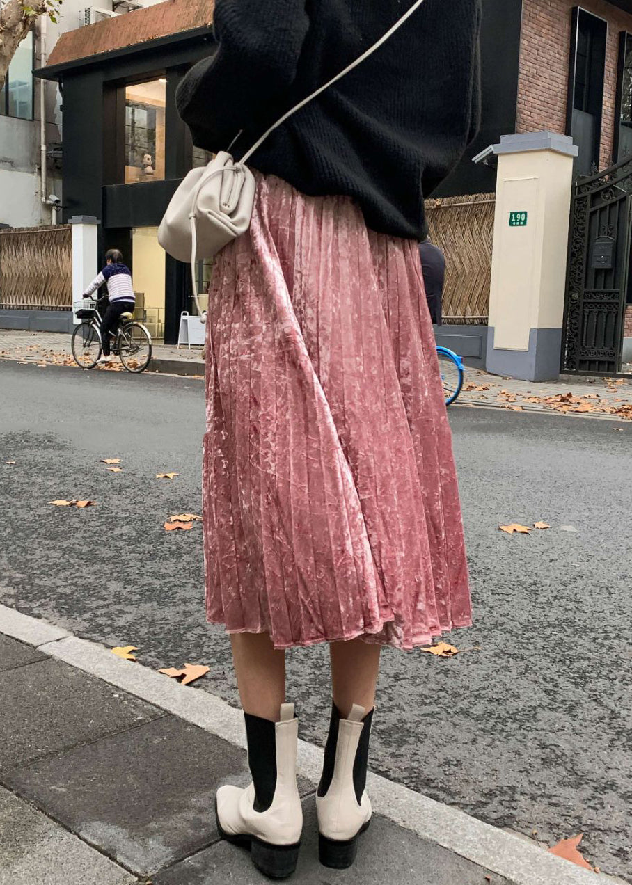 Simple Pink Wrinkled Elastic Waist Silk Velour Skirts Spring