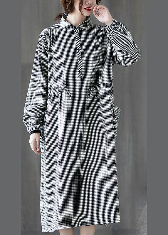 Simple Plaid Button Pockets Tie Waist Fall Party Dress Long sleeve - Omychic