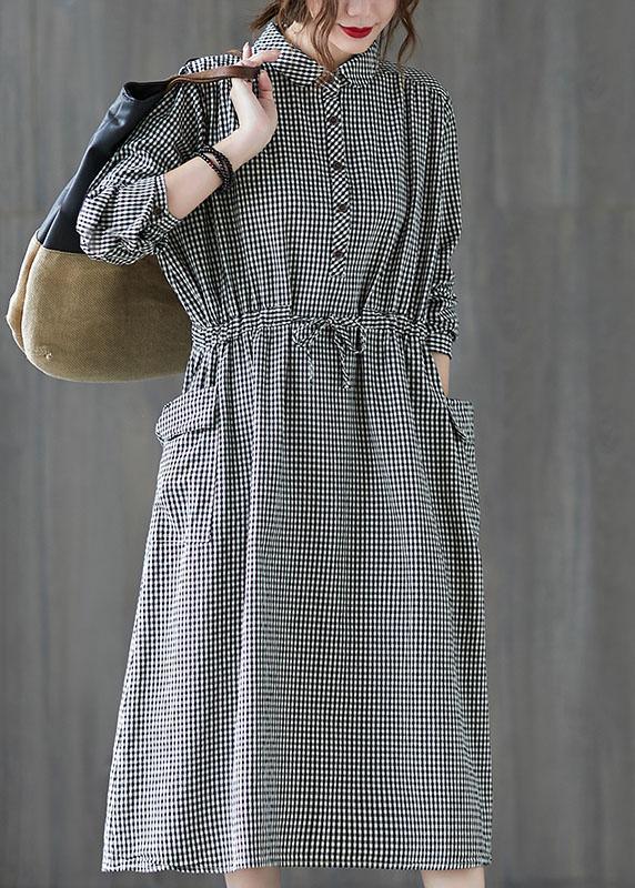 Simple Plaid Button Pockets Tie Waist Fall Party Dress Long sleeve - Omychic