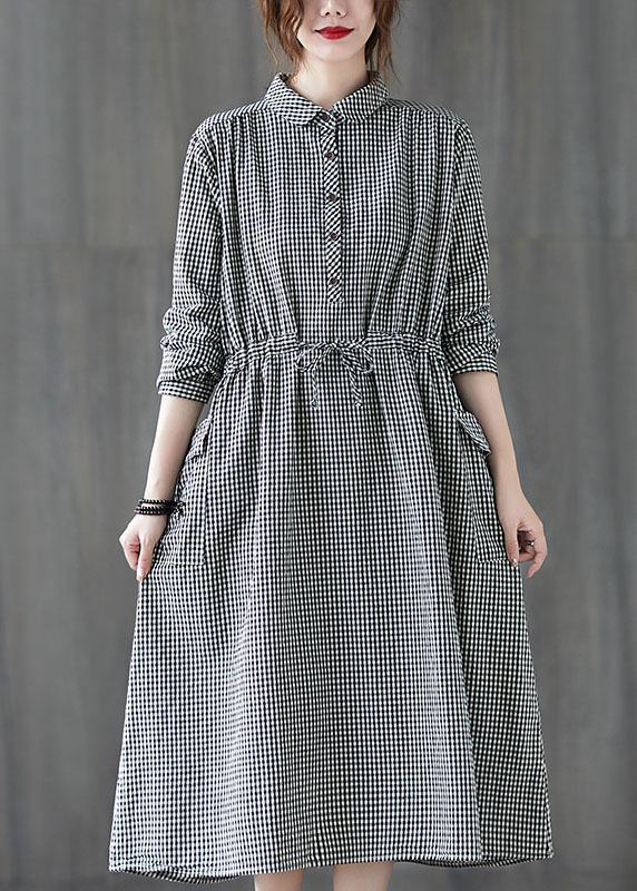 Simple Plaid Button Pockets Tie Waist Fall Party Dress Long sleeve - Omychic