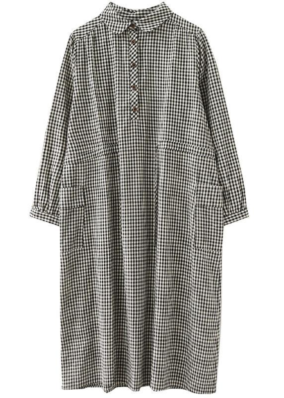 Simple Plaid Button Pockets Tie Waist Fall Party Dress Long sleeve - Omychic