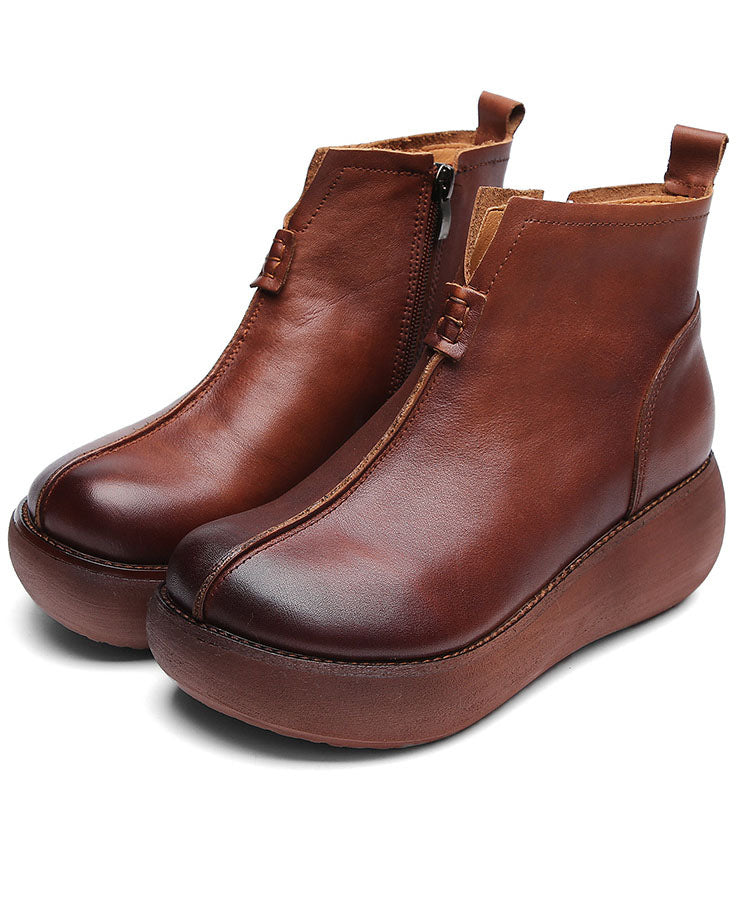 Simple Platform Boots Brown Cowhide Leather Zippered Ankle Boots