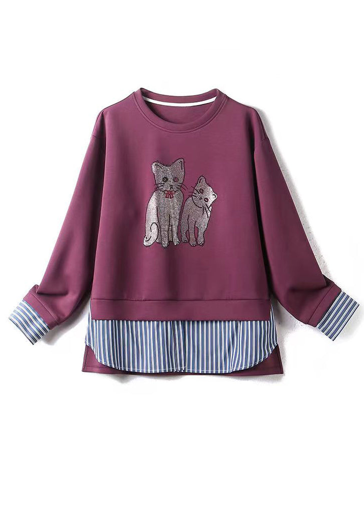 Simple Purple Cats Patchwork Cotton Pullover Tops Spring