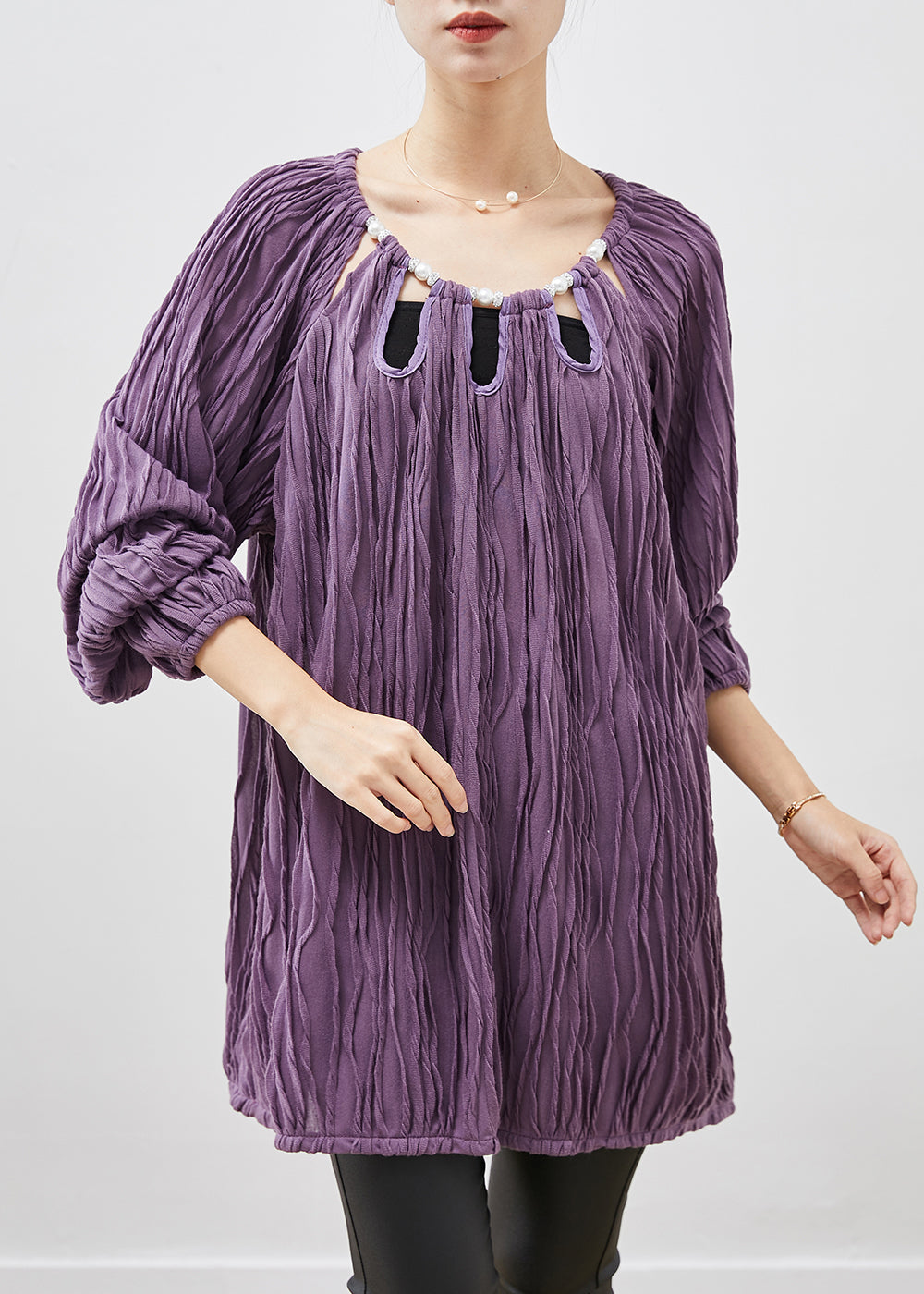 Simple Purple Nail Bead Hollow Out Cotton Shirt Spring