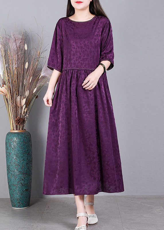 Simple Purple O-Neck Patchwork Wrinkled Jacquard Silk Maxi Dress Short Sleeve