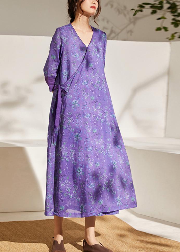 Simple Purple Patchwork Tie Waist Print Summer Ramie Vacation Dress - Omychic