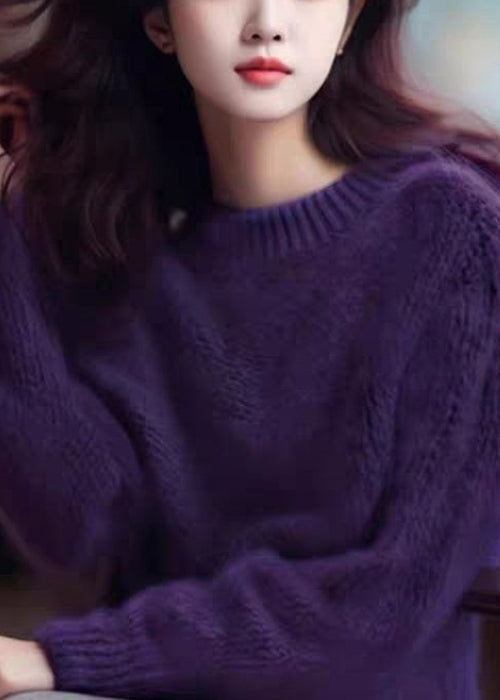 Simple Purple Solid Cozy Cotton Knit Top Long Sleeve