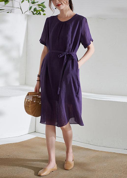 Simple Purple Tie Waist Embroideried Summer Ramie Vacation Dress - Omychic