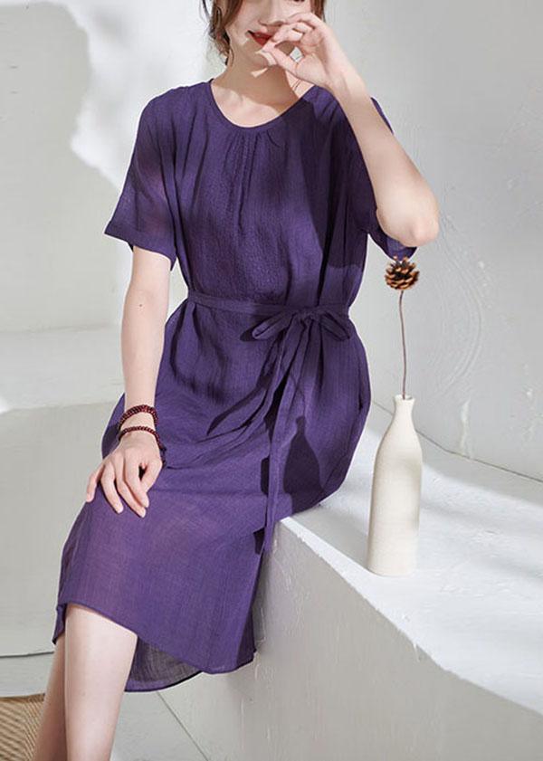 Simple Purple Tie Waist Embroideried Summer Ramie Vacation Dress - Omychic