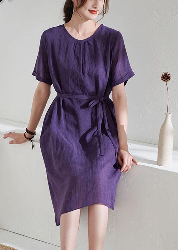 Simple Purple Tie Waist Embroideried Summer Ramie Vacation Dress - Omychic