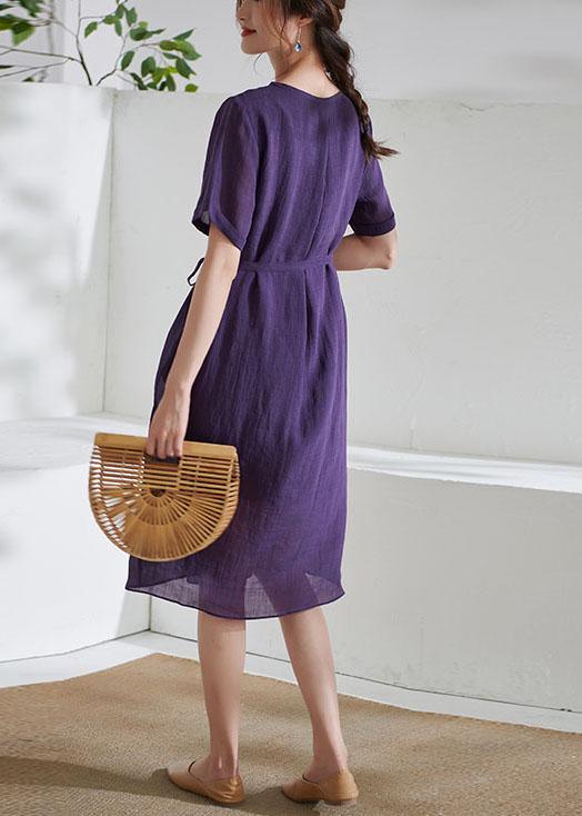 Simple Purple Tie Waist Embroideried Summer Ramie Vacation Dress - Omychic