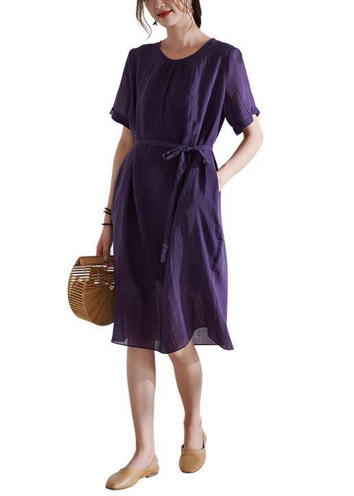 Simple Purple Tie Waist Embroideried Summer Ramie Vacation Dress - Omychic