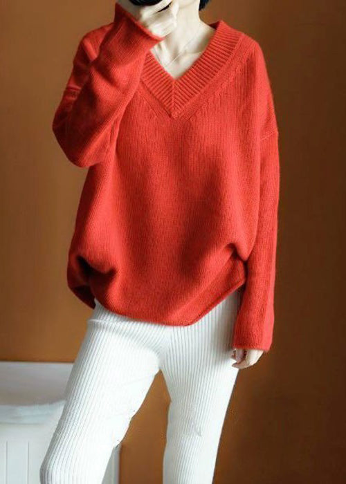 Simple Red Asymmetrical Solid Knit Top Long Sleeve