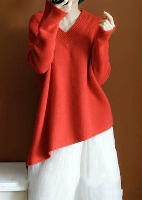 Simple Red Asymmetrical Solid Knit Top Long Sleeve