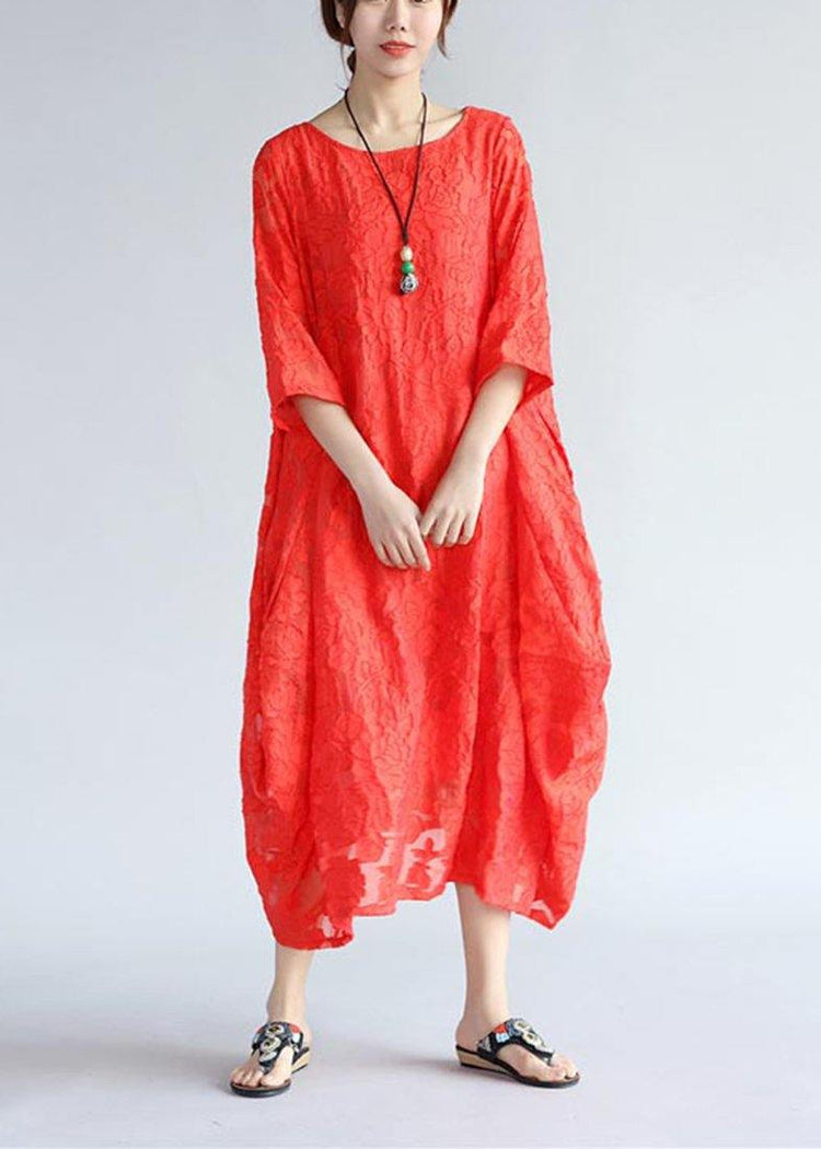 Simple Red Cut Flowers Clothes Women O Neck Asymmetric Plus Size  Summer Dresses - Omychic