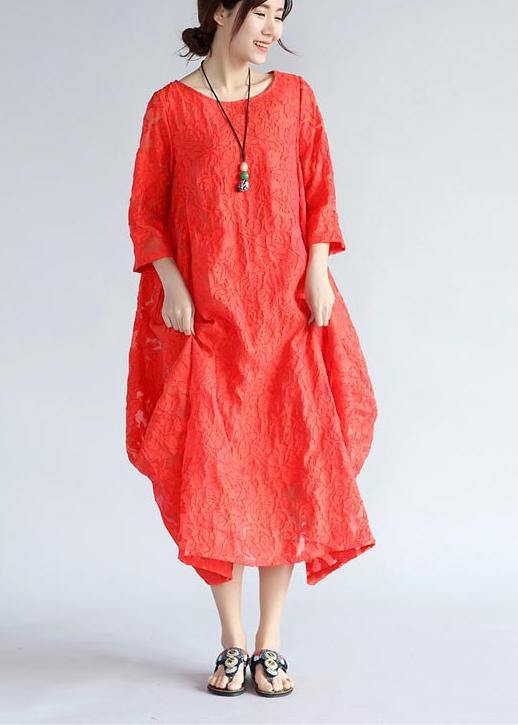 Simple Red Cut Flowers Clothes Women O Neck Asymmetric Plus Size  Summer Dresses - Omychic