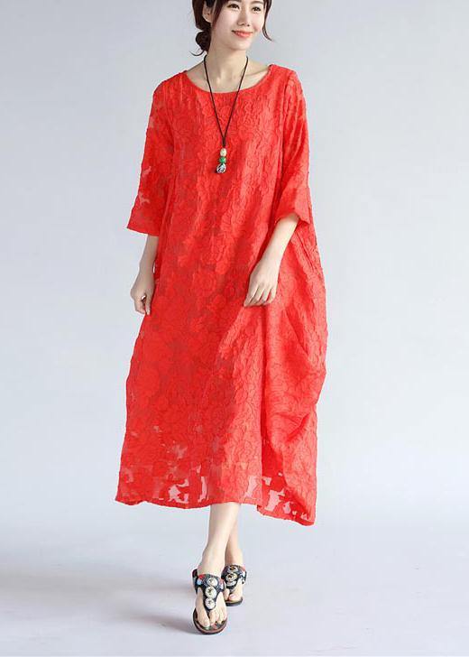 Simple Red Cut Flowers Clothes Women O Neck Asymmetric Plus Size  Summer Dresses - Omychic