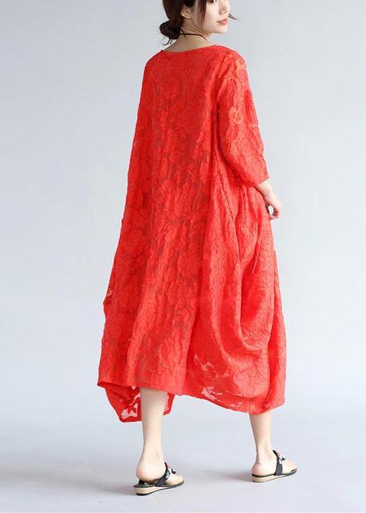 Simple Red Cut Flowers Clothes Women O Neck Asymmetric Plus Size  Summer Dresses - Omychic