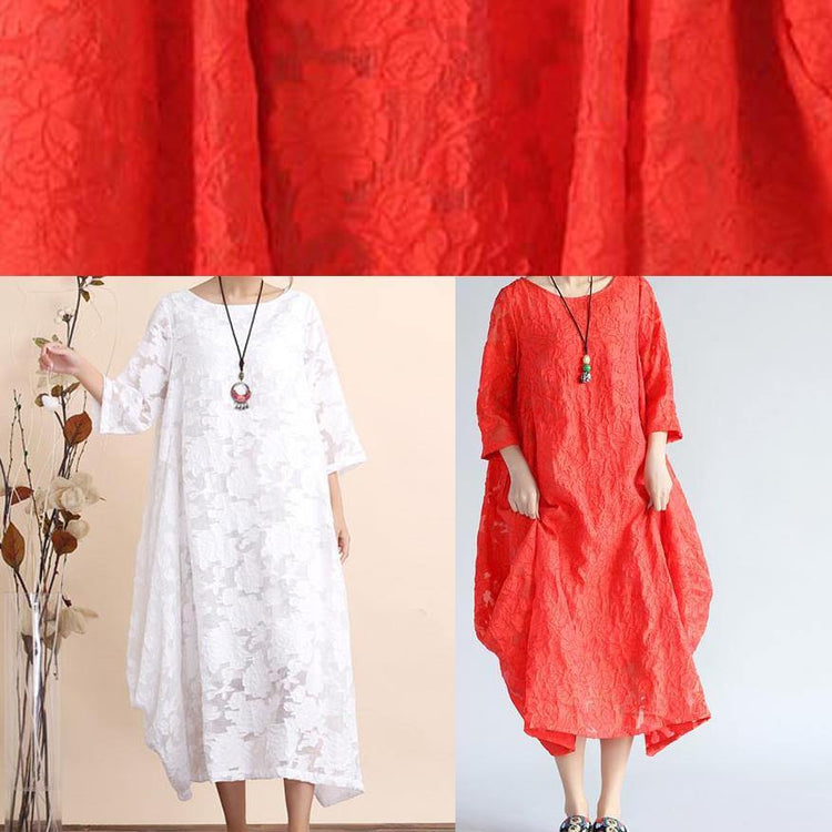 Simple Red Cut Flowers Clothes Women O Neck Asymmetric Plus Size  Summer Dresses - Omychic