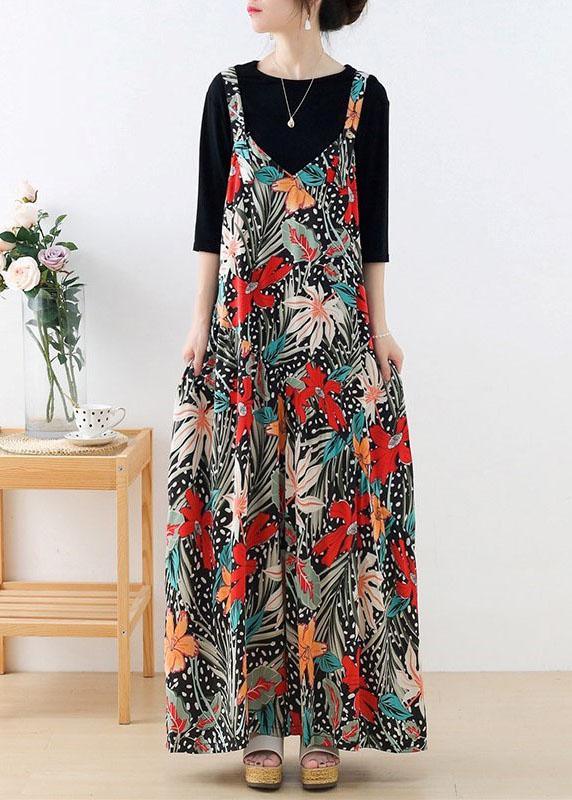 Simple Red Floral Pockets Wide Leg Fall Romper - Omychic