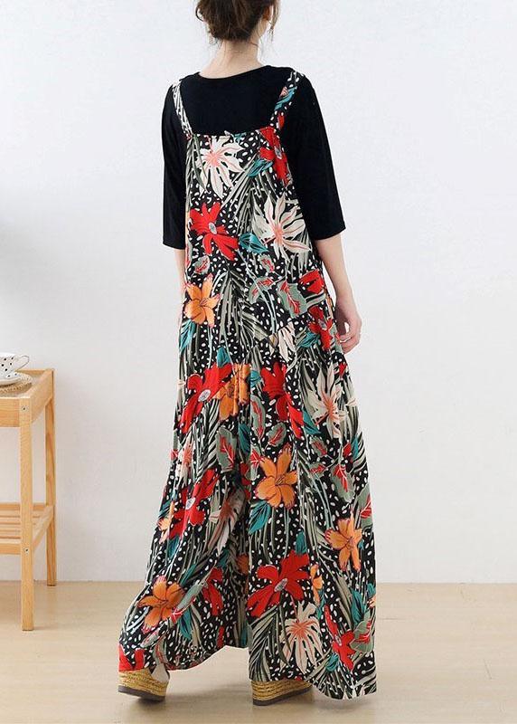 Simple Red Floral Pockets Wide Leg Fall Romper - Omychic