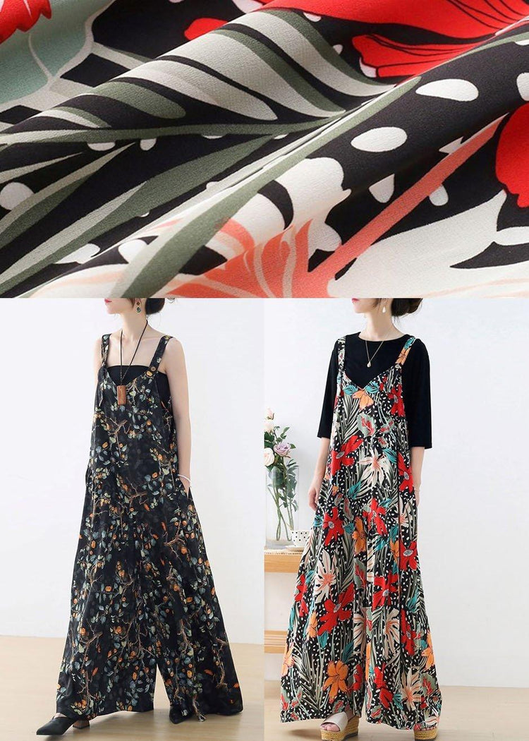Simple Red Floral Pockets Wide Leg Fall Romper - Omychic
