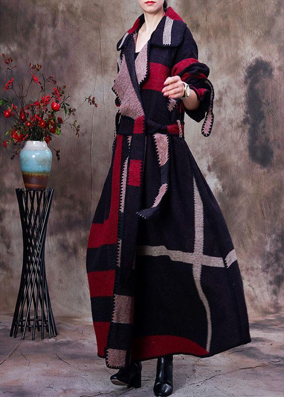 Simple Red PeterPan Collar Plaid tie waist Winter Woolen Long sleeve trench coats - Omychic