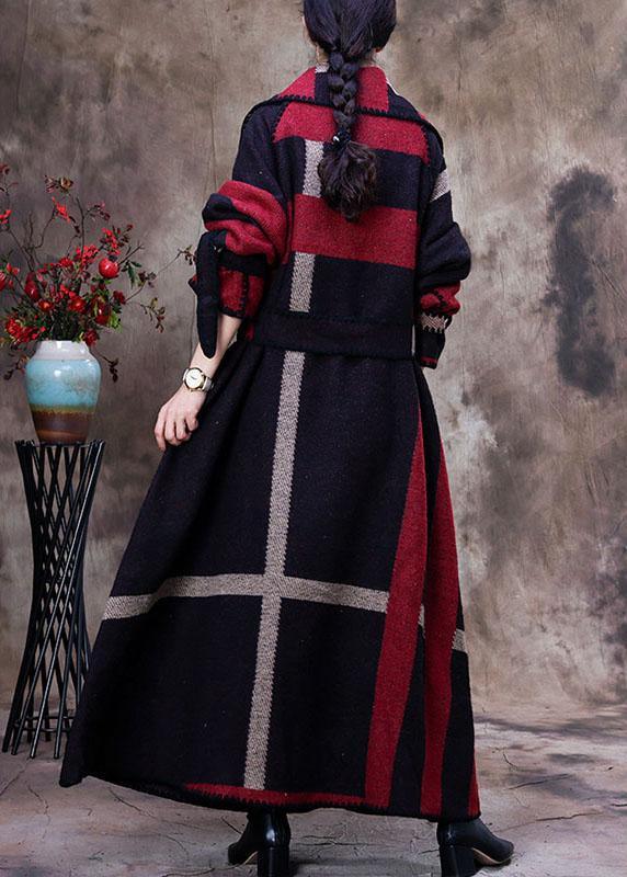 Simple Red PeterPan Collar Plaid tie waist Winter Woolen Long sleeve trench coats - Omychic