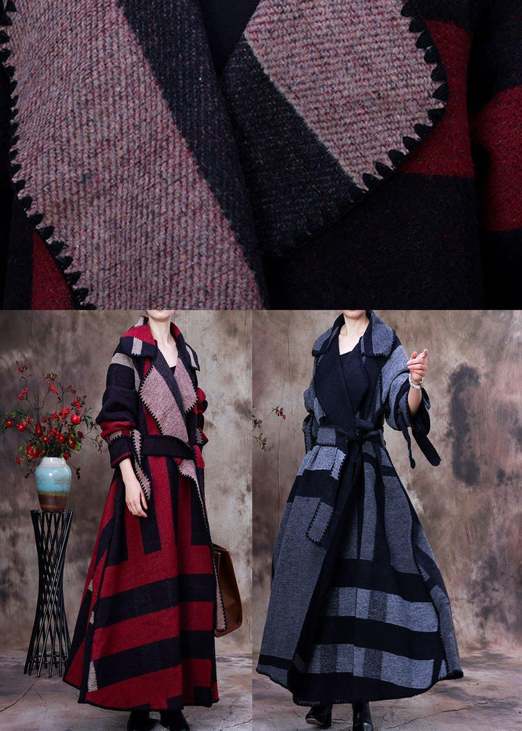 Simple Red PeterPan Collar Plaid tie waist Winter Woolen Long sleeve trench coats - Omychic
