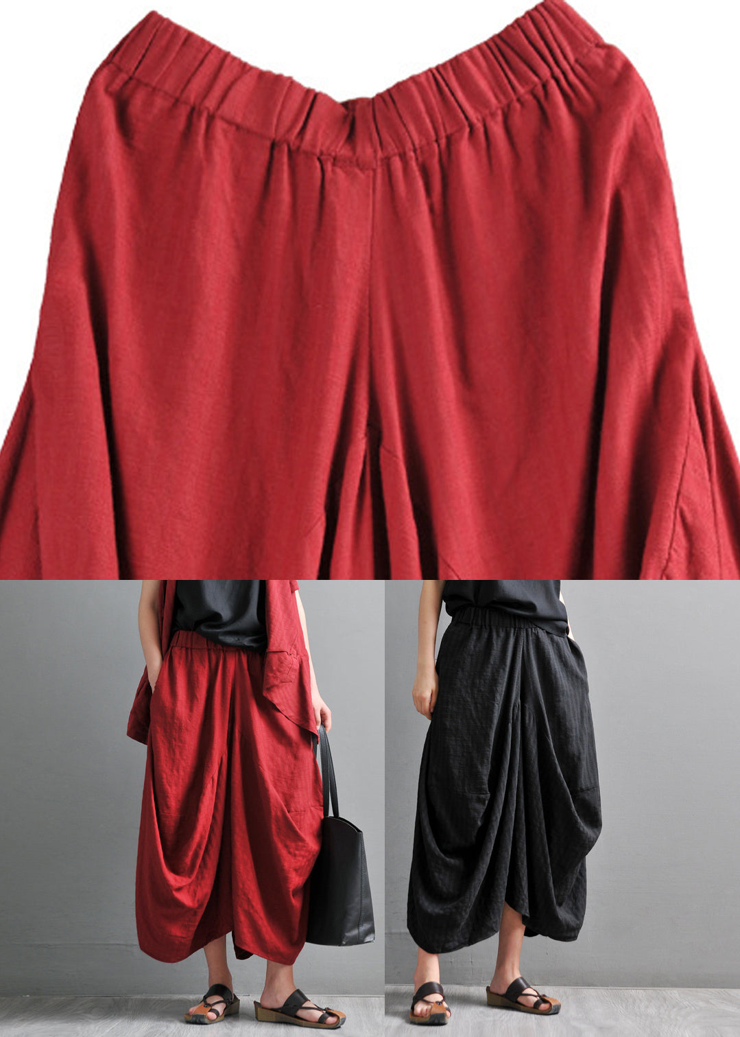 Simple Red Pockets Wide Leg Pants Skirt Summer