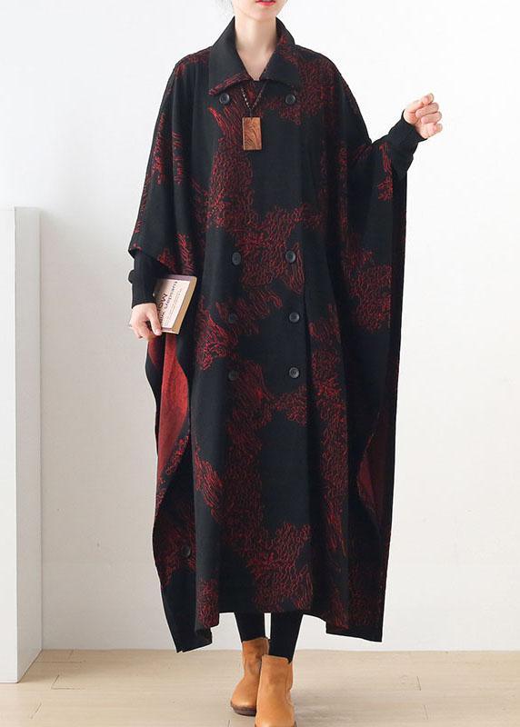Simple Red Print Asymmetrical Design Button Coat Long - Omychic