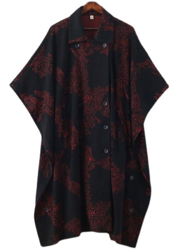 Simple Red Print Asymmetrical Design Button Coat Long - Omychic