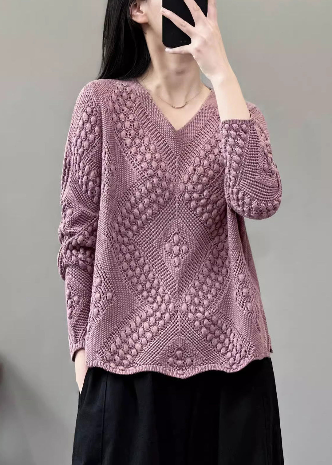 Simple Red Solid V Neck Cotton Knit Sweaters Long Sleeve